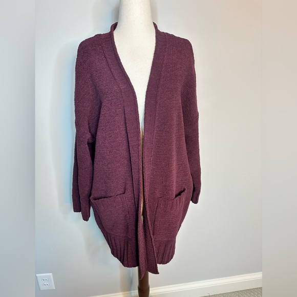 Sz S America Eagle burgundy chenille open front cardigan long pockets soft knit - Picture 1 of 8